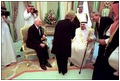 Vice President Dick Cheney and Lynne Cheney greet King Fahd of Saudi Arabia in Jeddah, Saudi Arabia, March 16.