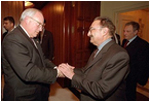 Prime Minister Bulent Ecevit of Turkey welcomes Vice President Dick Cheney to a working dinner in Ankara, Turkey, March 19.