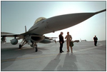 Standing under a compact, 16-foot tall F-16 fighter jet, Vice President Dick Cheney talks with an Air Force pilot on his tour of the Al-Udeid Airbase in Qatar, March 17.