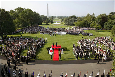 Prime Minister Junichiro Koizumi of Japan delivers his remarks during the arrival ceremony on the South Lawn Thursday, June 29, 2006. "I believe it is no exaggeration to say that over the past five years, there has been no world leader, alongside Mr. Bush -- President Bush, among the world leaders with whom I have felt so much heart-to-heart, felt so deep a friendship and trust and have cooperated with," said the Prime Minister in his remarks. 