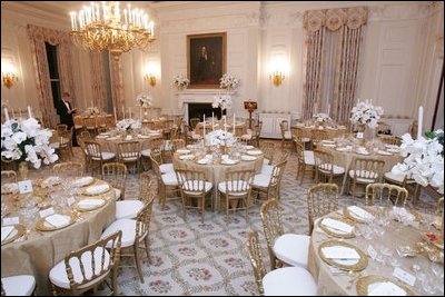 The tables are set and ready for guests, Wednesday, Nov. 2, 2005, in the White House State Dining Room, in preparation for the official dinner for the Prince of Wales and Duchess of Cornwall.